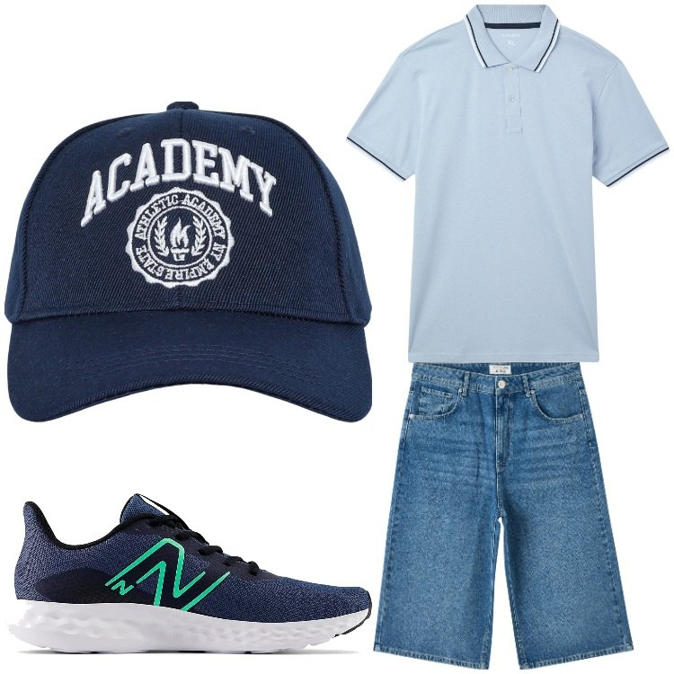 Outfit uomo - Academy. Stile Casual per Tutti i giorni. Abbinamento con pantaloni corti, cappelli con visiera, polo, sneakers.