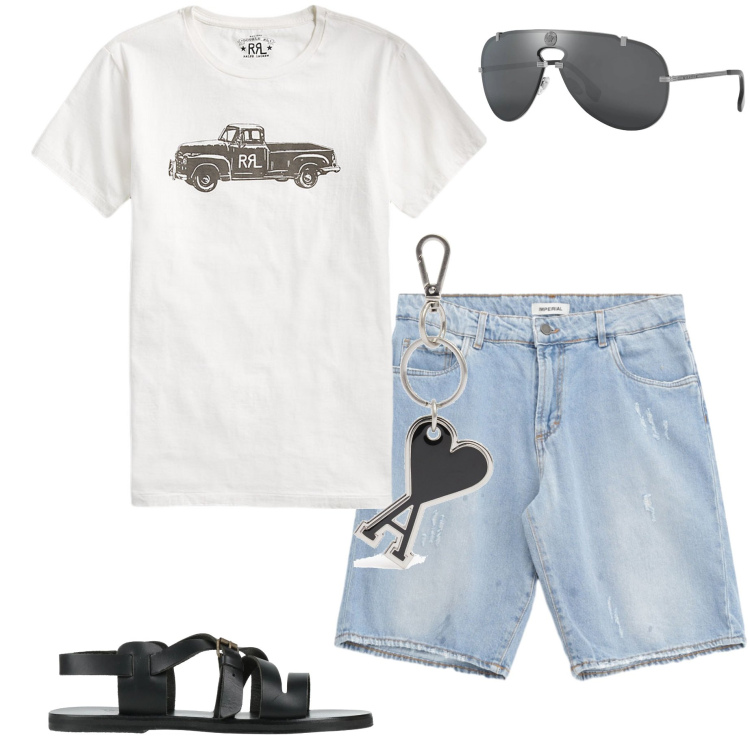 Outfit uomo - Sporty chic. Stile Trendy per Tutti i giorni. Abbinamento con occhiali da sole, sandali, bermuda, t-shirt, portachiavi.