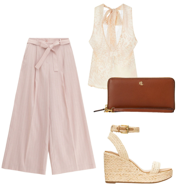 Outfit donna - Colori pastello in estate. Stile Chic per Serata fuori. Abbinamento con top, pantaloni, pochette, zeppe.