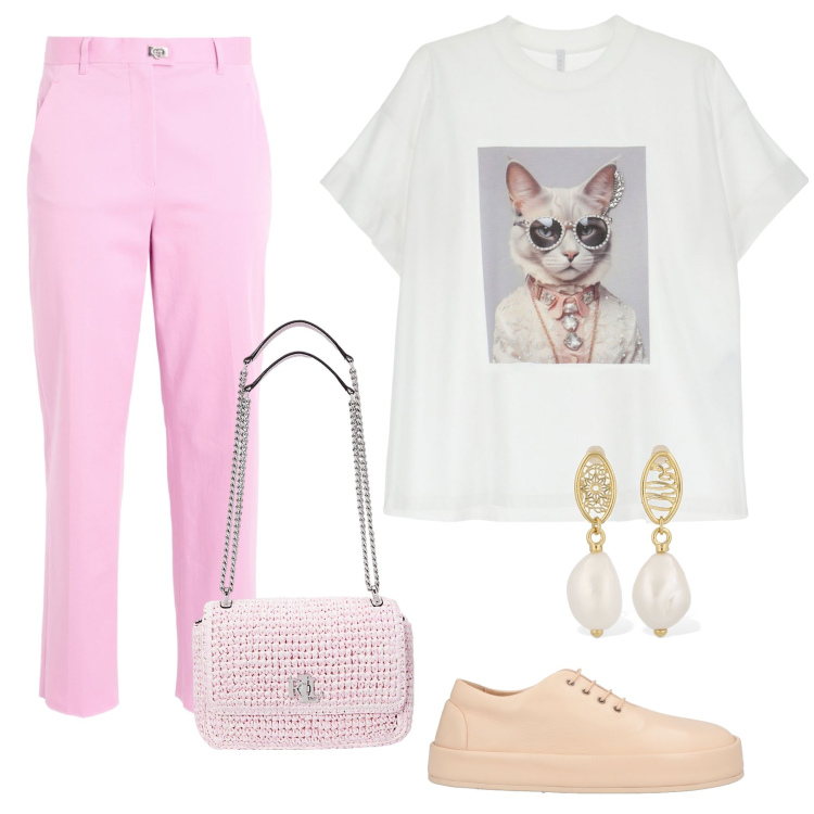 Outfit donna - Pink cat. Stile Casual per Tutti i giorni. Abbinamento con pantaloni, scarpe stringate, t-shirt, borse a spalla, orecchini.