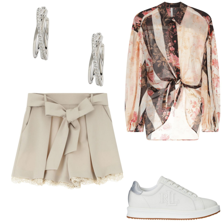 Outfit donna - Camicia di sera. Stile Chic per Serata fuori. Abbinamento con shorts, camicie, sneakers, orecchini.