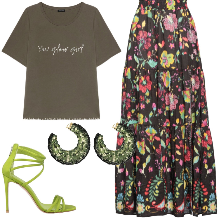 Outfit donna - Nature dress. Stile Casual per Serata fuori. Abbinamento con gonne lunghe, sandali in pelle, t-shirt, orecchini.