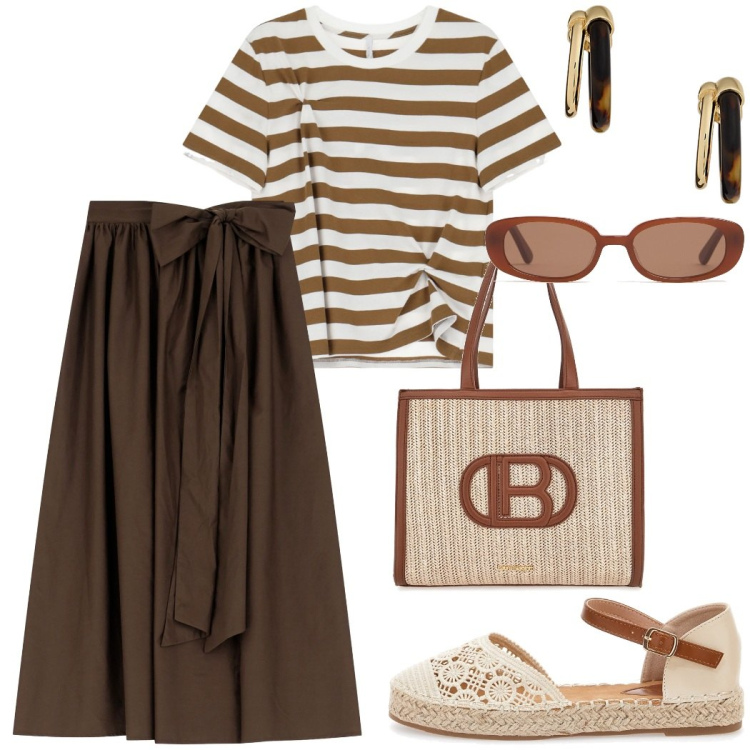 Outfit donna - Happy hour con le amiche. Stile Vintage retrò per Serata fuori. Abbinamento con gonne lunghe, t-shirt, orecchini, borse a spalla, espadrillas, occhiali da sole.