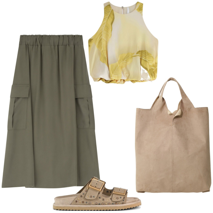 Outfit donna - Top a fantasia. Stile Military per Tutti i giorni. Abbinamento con gonne lunghe, top, shopping bag, sandali.