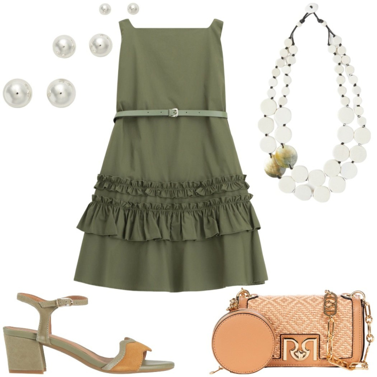 Outfit donna - Verde salvia per l\'abitino delizioso. Stile Romantica per Cerimonia. Abbinamento con sandali in pelle, borse a tracolla, vestiti corti, orecchini, ciondoli.