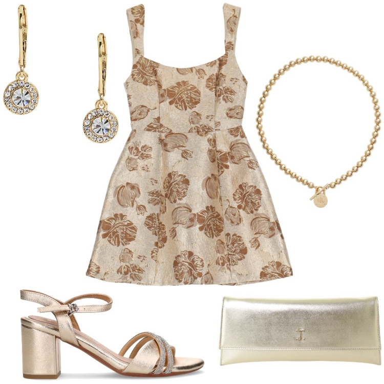 Outfit donna - Raffinato abito corto. Stile Glamour per Cerimonia. Abbinamento con vestiti corti, pochette, collane, orecchini, sandali in pelle.