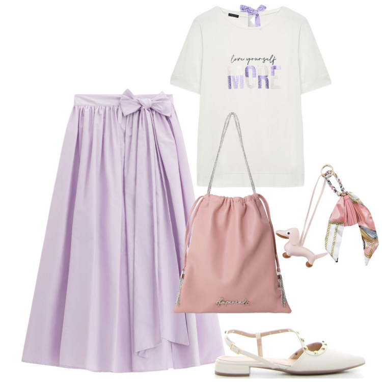 Outfit donna - Gonne lunghe e sandali. Stile Romantica per Tutti i giorni. Abbinamento con borse a secchiello, gonne lunghe, portachiavi, t-shirt, sandali in pelle.