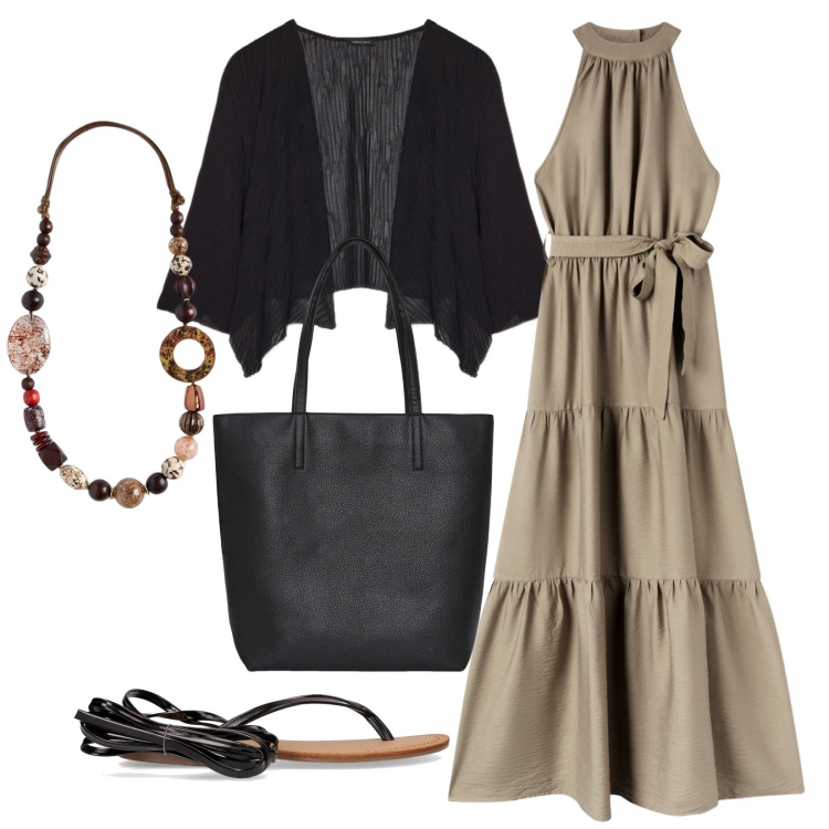 Outfit donna - Maxi abito e sandali flat. Stile Casual chic per Serata fuori. Abbinamento con borse tote, vestiti lunghi, bolero, collane, sandali alla schiava.