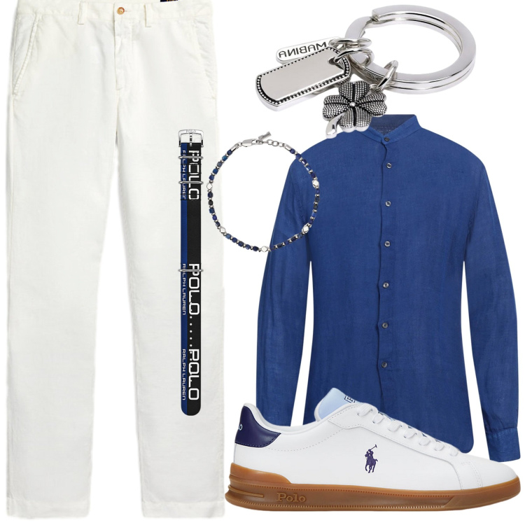 Outfit uomo - Lino blu. Stile Urban per Ufficio. Abbinamento con camicie, portachiavi, braccialetti, pantaloni, orologi, sneakers.