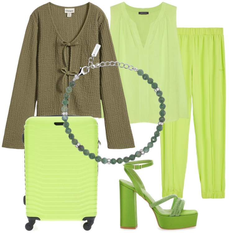 Outfit donna - Total look #2177353. Stile Boho per Tutti i giorni. Abbinamento con bluse, braccialetti, pantaloni, valigie, top, sandali col tacco.
