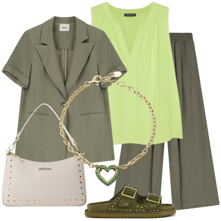 Outfit donna - Total look #2177356. Stile Boho per Tutti i giorni. Abbinamento con braccialetti, pantaloni, borse a spalla, blazer, top, sandali.