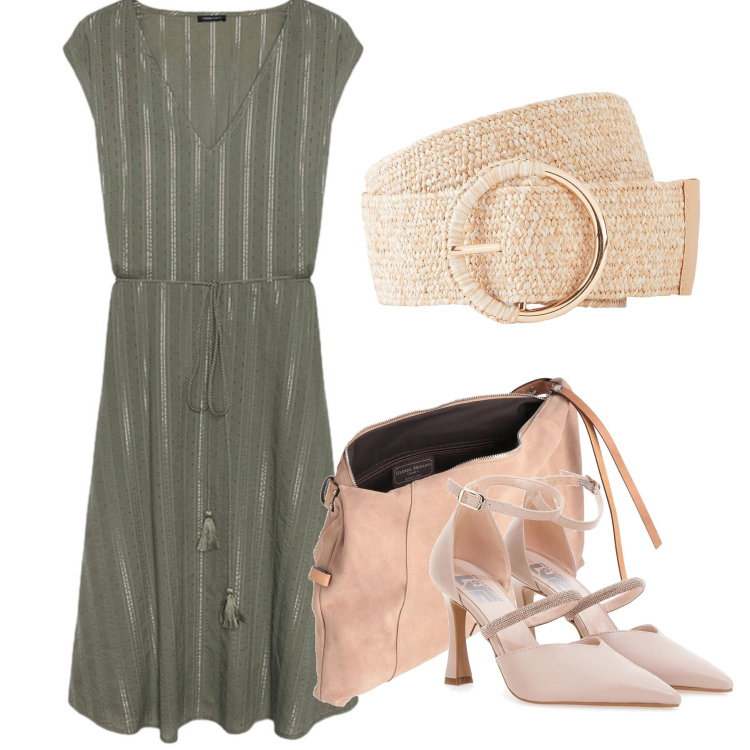 Outfit donna - Total look #2177361. Stile Boho per Serata fuori. Abbinamento con cinture, borse a tracolla, vestiti midi/longuette, décolleté.
