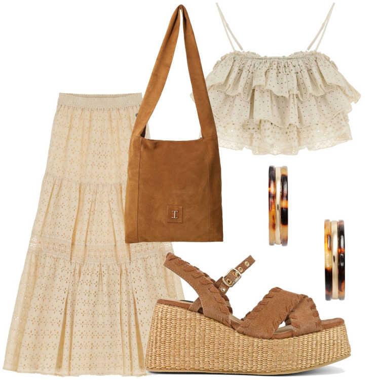 Outfit donna - Gonna lunghe e sandali. Stile Glamour per Serata fuori. Abbinamento con borse a tracolla, top, gonne lunghe, orecchini, zeppe.