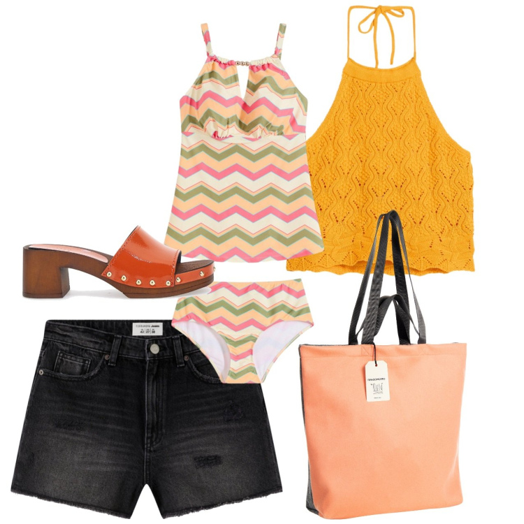 Outfit donna - Orange sea. Stile Casual per Mare. Abbinamento con costumi interi, top, shorts, borse tote, zoccoli.