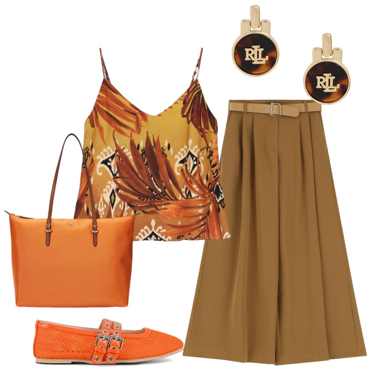 Outfit donna - Per l’estate una pennellata arancione. Stile Casual chic per Tutti i giorni. Abbinamento con canottiere, pantaloni a palazzo, borse tote, orecchini, ballerine.