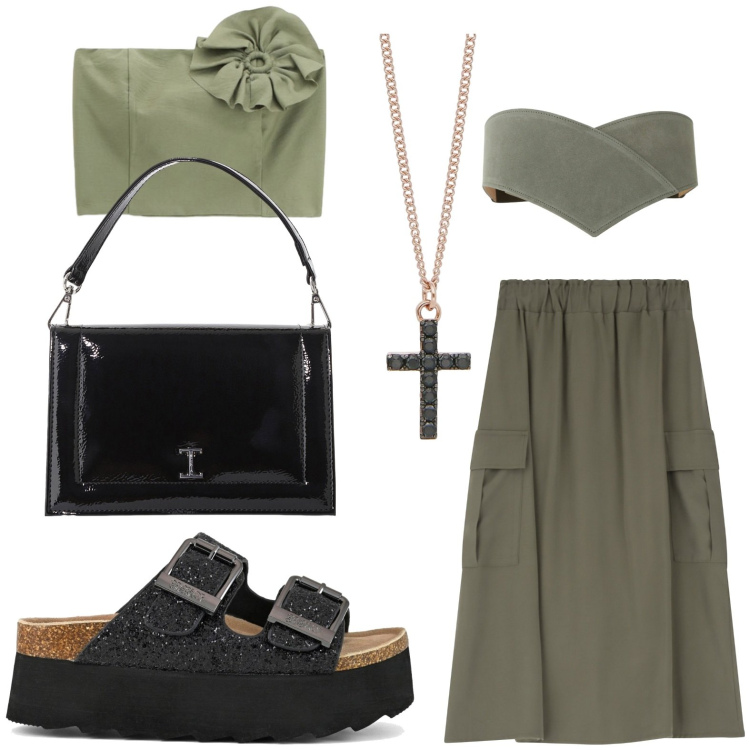 Outfit donna - Gonna lunghe e sandali. Stile Glamour per Serata fuori. Abbinamento con collane, borse a tracolla, gonne lunghe, cinture, top, sandali.