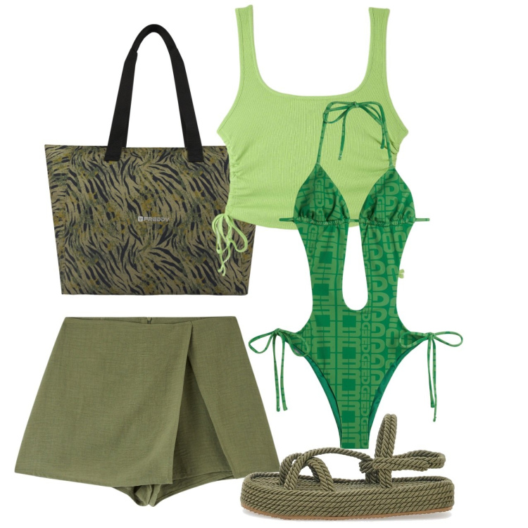 Outfit donna - Green sea. Stile Casual per Mare. Abbinamento con minigonne, top, shopping bag, costumi interi, sandali.