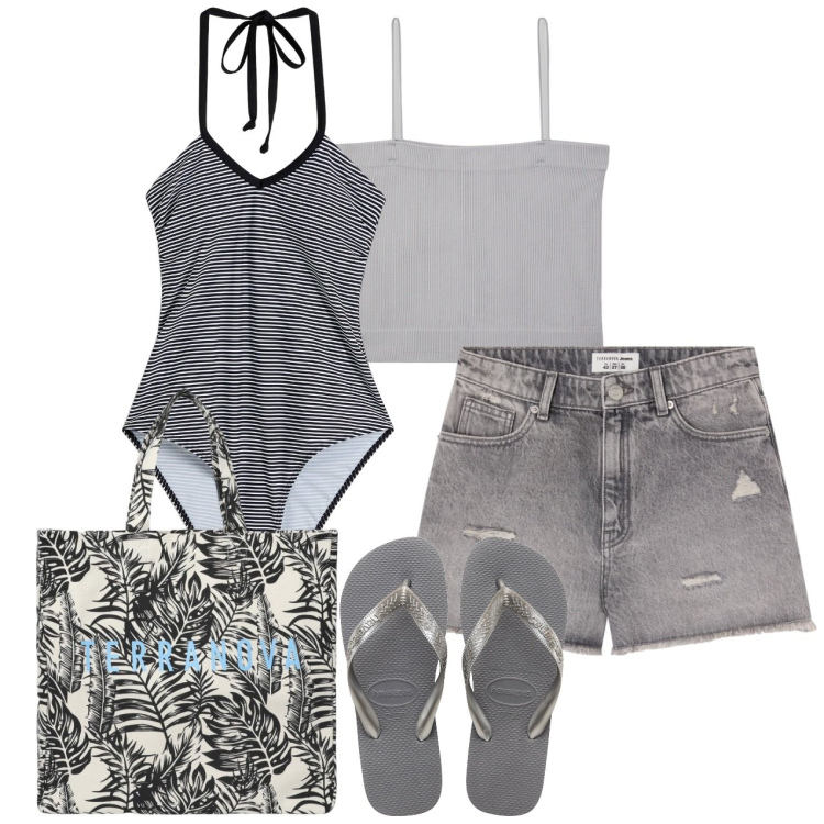 Outfit donna - Grey sea. Stile Casual per Mare. Abbinamento con costumi interi, borse tote, shorts, canottiere, ciabatte.