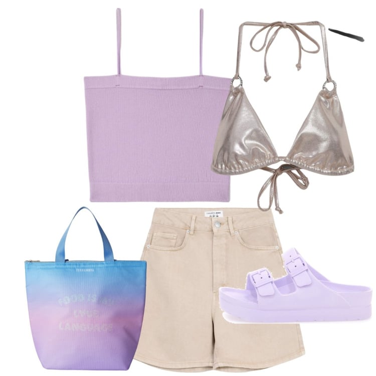 Outfit donna - Purple sea. Stile Casual per Tutti i giorni. Abbinamento con bikini, bermuda, canottiere, borse tote, ciabatte.