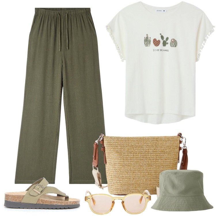 Outfit donna - Total look #2177382. Stile Basic per Tutti i giorni. Abbinamento con borse a tracolla, cappelli, pantaloni, t-shirt, occhiali da sole, ciabatte.