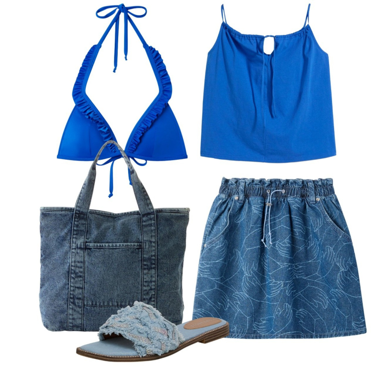 Outfit donna - Blue sea. Stile Casual per Tutti i giorni. Abbinamento con shopping bag, top, minigonne, bikini, ciabatte.