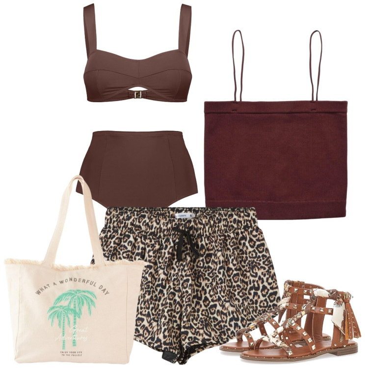 Outfit donna - Brown sea. Stile Etnico per Mare. Abbinamento con shopping bag, canottiere, shorts, bikini, sandali.