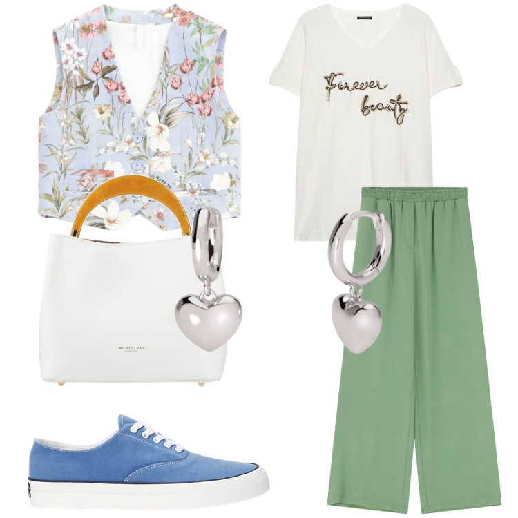 Outfit donna - A pranzo in campagna. Stile Casual per Tutti i giorni. Abbinamento con borse a mano, orecchini, pantaloni a palazzo, gilet, sneakers, t-shirt.