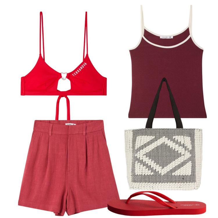 Outfit donna - Red sea. Stile Bon Ton per Mare. Abbinamento con infradito, bikini, bermuda, top, shopping bag.