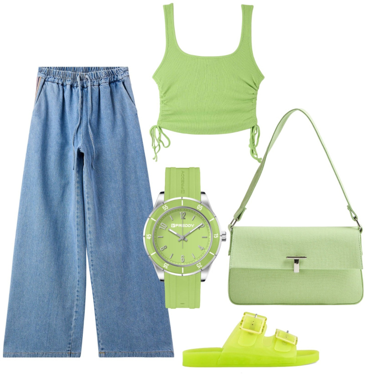 Outfit donna - Casual in Estate. Stile Casual per Tutti i giorni. Abbinamento con jeans, top, borse a spalla, orologi, sandali.