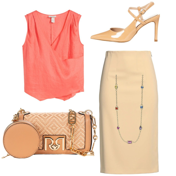 Outfit donna - City. Stile Chic per Tutti i giorni. Abbinamento con top, gonne longuette, collane, décolleté, borse a tracolla.