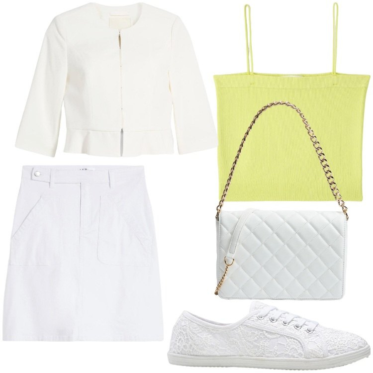 Outfit donna - Bianco e lime. Stile Casual chic per Serata fuori. Abbinamento con sneakers, blazer, gonne, canottiere, borse a tracolla.