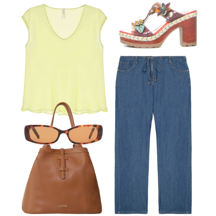 Outfit donna - Simple mind. Stile Casual per Tutti i giorni. Abbinamento con top, borse tote, jeans, occhiali da sole, ciabatte.