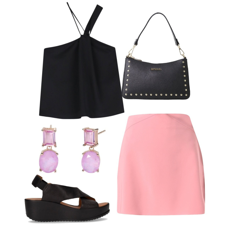 Outfit donna - Qualcosa di rosa. Stile Chic per Serata fuori. Abbinamento con minigonne, orecchini, top, borse a spalla, sandali.