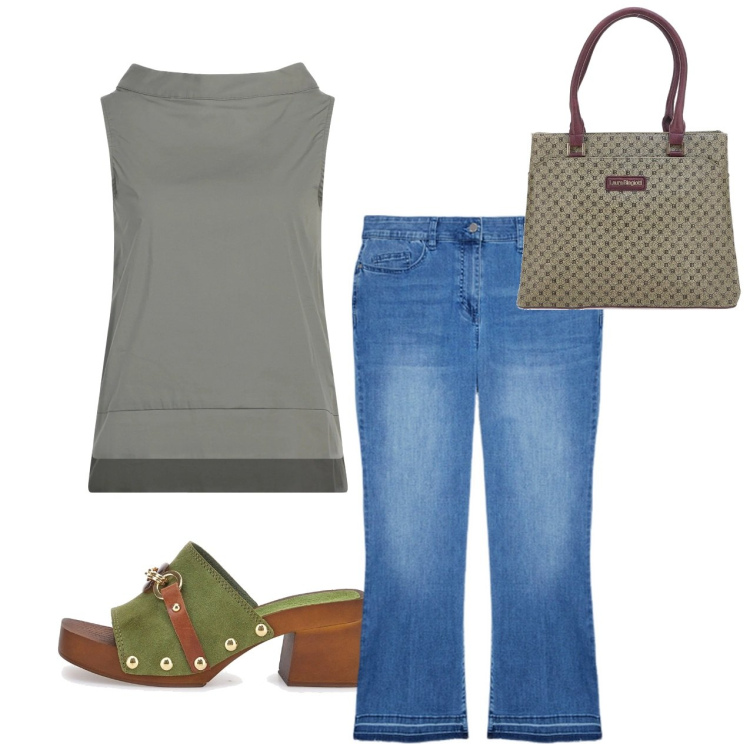 Outfit donna - Think green. Stile Casual per Tutti i giorni. Abbinamento con top, zoccoli, jeans dritti, borse a spalla.
