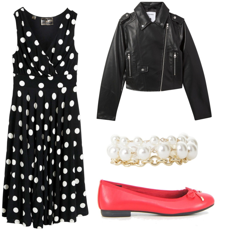 Outfit donna - Giugno a pois. Stile Bon Ton per Serata fuori. Abbinamento con vestiti, giacche, braccialetti, ballerine.