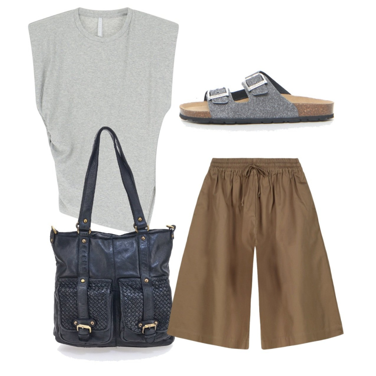 Outfit donna - City. Stile Basic per Tutti i giorni. Abbinamento con top, borse a spalla, ciabatte, bermuda.