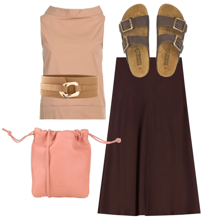 Outfit donna - La gonna midi. Stile Bon Ton per Tutti i giorni. Abbinamento con cinture, borse a spalla, top, gonne longuette, ciabatte.