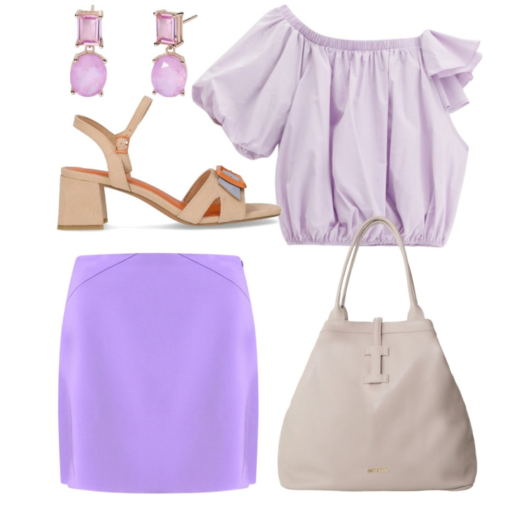 Outfit donna - Romantica in glicine. Stile Romantica per Serata fuori. Abbinamento con orecchini, minigonne, top, borse tote, sandali col tacco.
