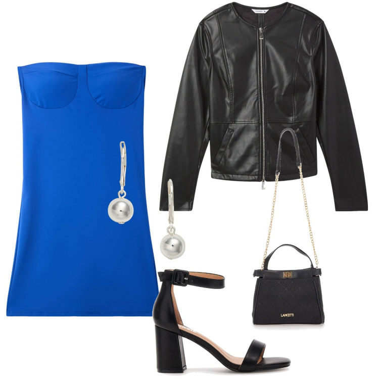 Outfit donna - L\'abito bustier. Stile Glamour per Serata fuori. Abbinamento con blazer, vestiti, orecchini, sandali col tacco, borse a tracolla.