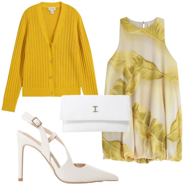 Outfit donna - Sfumature di ocra. Stile Trendy per Serata fuori. Abbinamento con cardigans, borse a tracolla, décolleté, vestiti corti.
