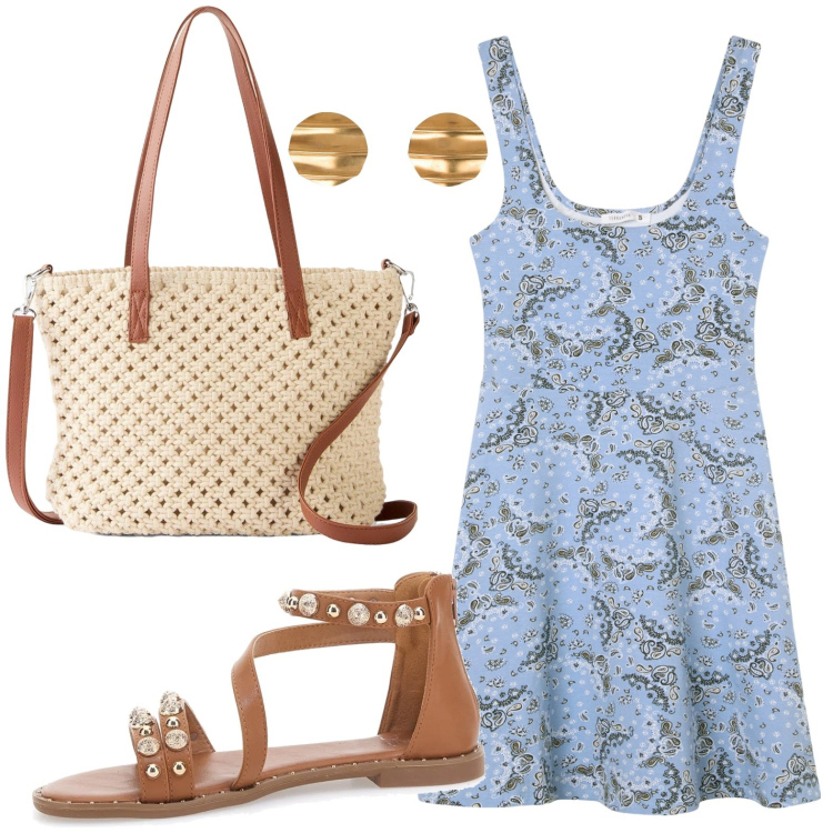 Outfit donna - Perfetta per l\'estate. Stile Casual per Tutti i giorni. Abbinamento con borse a mano, vestiti corti, sandali, orecchini.