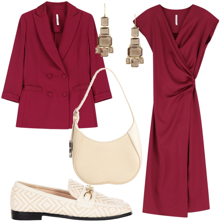 Outfit donna - Tendenza red. Stile Casual per Ufficio. Abbinamento con borse a spalla, vestiti midi/longuette, blazer, mocassini, orecchini.