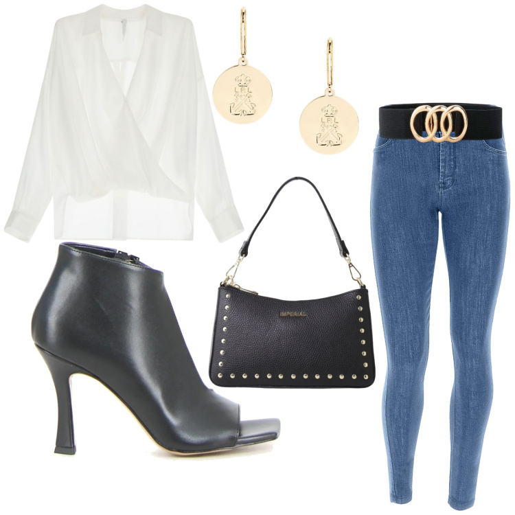 Outfit donna - Serate per locali. Stile Casual chic per Serata fuori. Abbinamento con cinture, bluse, borse a spalla, jeans skinny, orecchini, sandali col tacco.
