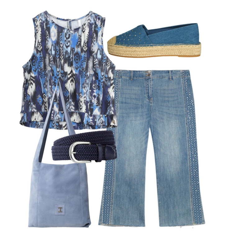 Outfit donna - I jeans Capri. Stile Basic per Tutti i giorni. Abbinamento con cinture, espadrillas, top, borse a tracolla, jeans strappati.