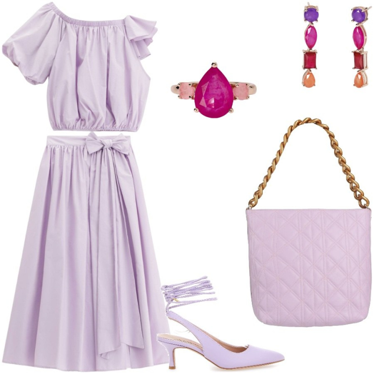 Outfit donna - Color glicine. Stile Casual chic per Serata fuori. Abbinamento con borse a mano, orecchini, anelli, gonne lunghe, top, décolleté.