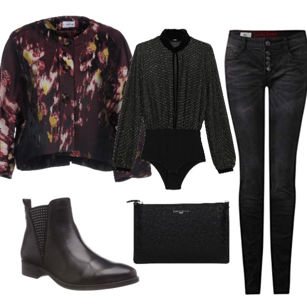 Outfit donna - Giacca fantasia. Stile Trendy per Serata fuori. Abbinamento con giacca fantasia multicolore effetto acetato collo tondo a maniche lunghe interno foderato in raso jacquard, pochette con logo frontale nero, body effetto laminato a maniche lunghe con bottoni multicolore, stivali chelsea nero, jeans slim fit nero.