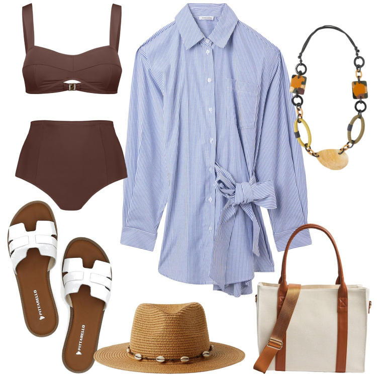 Outfit donna - Vestitino camicia oversize. Stile Casual chic per Mare. Abbinamento con vestiti chemisier, shopping bag, cappelli, bikini, ciabatte, collane.