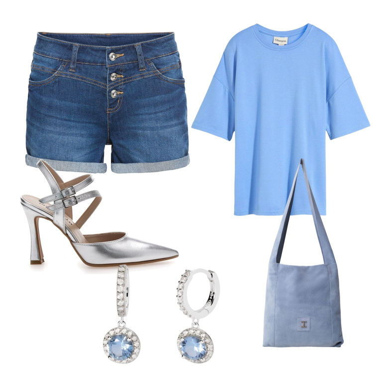 Outfit donna - Sky blue reflexes. Stile Casual per Tutti i giorni. Abbinamento con shorts, t-shirt, orecchini, borse a tracolla, décolleté.