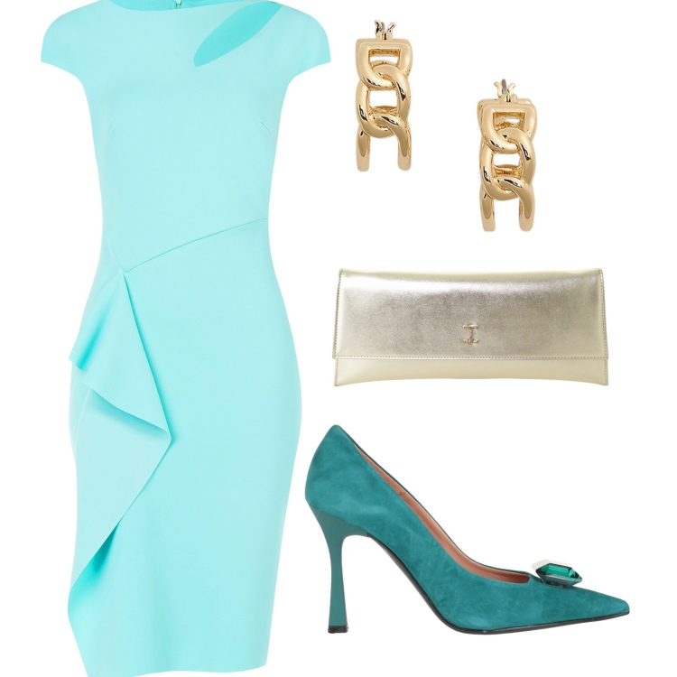 Outfit donna - Eleganza e semplicità. Stile Chic per Cerimonia. Abbinamento con décolleté, vestiti a tubino, pochette, orecchini.