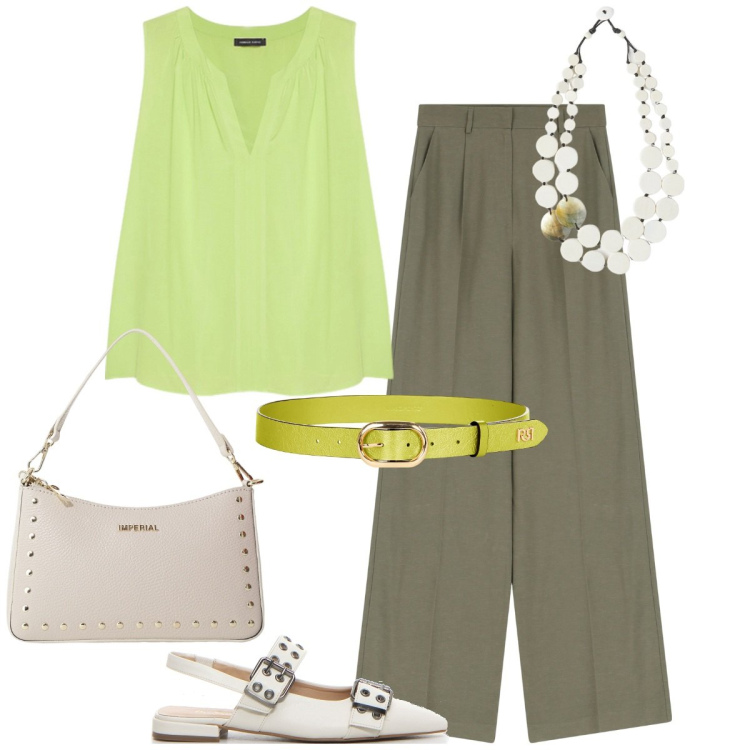 Outfit donna - Speciale verde lime. Stile Casual chic per Tutti i giorni. Abbinamento con cinture, borse a spalla, pantaloni, top, décolleté, ciondoli.